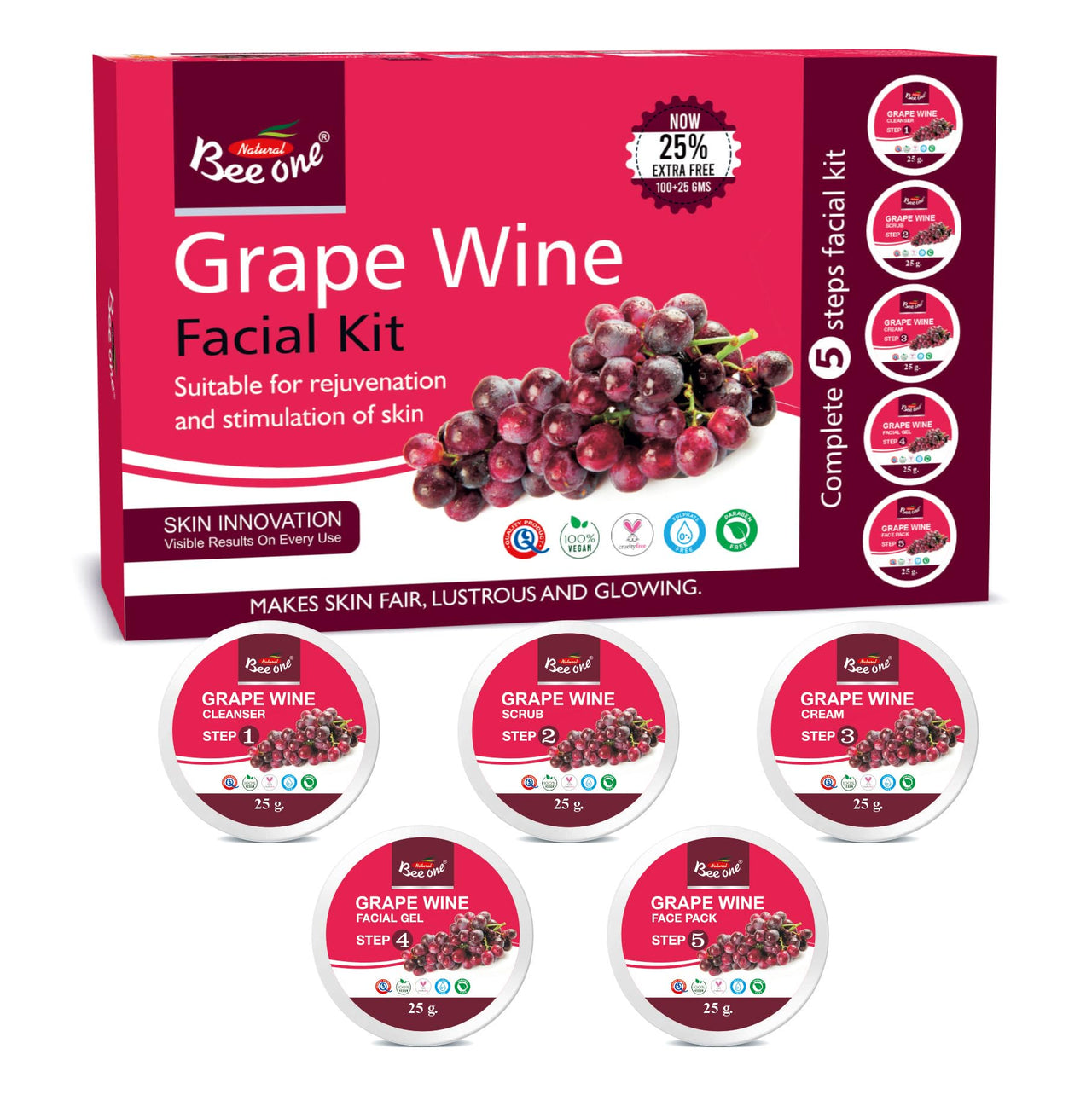 Bee One Grape Wine Facial Kit 125g | All Skin Types Skin For Women Prevents from Anti Aging Glowing Skin