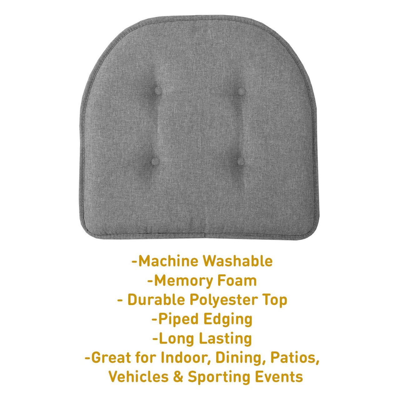 Sweet Home Collection Chair Cushion Memory Foam Pads Tufted Slip Non Skid Rubber Back U-Shaped 17" x 16" Seat Cover, 2 Count (Pack of 1), Grey 2 Pack