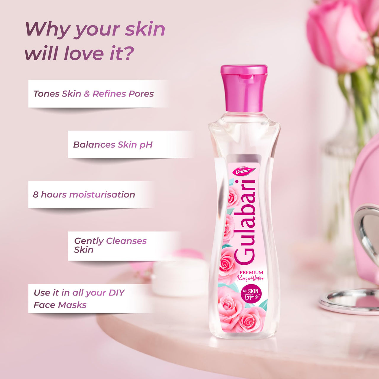 Dabur Gulabari Premium Rose Water - 400ml (Pack of 3) | With No Paraben | Cleanses, Hydrates & Moisturises Skin | Balances & Restores Skin's  pH Levels | For All Skin Types