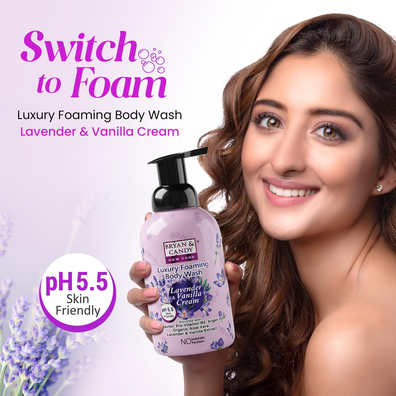 Bryan & Candy Luxury Foaming Body Wash with Pentavitin,Pro Vit B5,Argan Oil,Aloe Vera, Skin Friendly pH 5.5, All Skin Types, 400 Ml (Lavender & Vanilla)