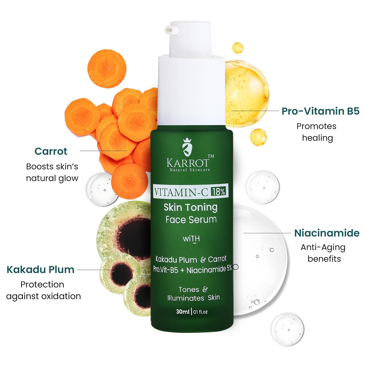 Karrot Natural Skincare Vitamin C Face Serum, 18% Concentration, Reduces Dark Spots, Improves Tone, Boosts Brightness, Contains Niacinamide, Green Tea, For Men and Women, All Skin Types, 30ml