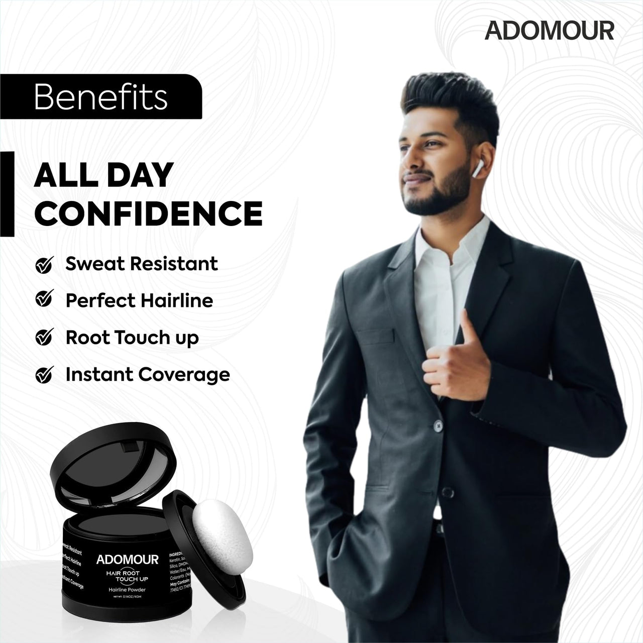 ADOMOUR Root Touchup Powder 4g | Covers Hairline, Grey Roots & Bald Spots Instantly | Sweat & Stain Resistant 24HR | Long Lasting & Natural Finish | Cover Up Hair Powder for Men & Women (Medium Brown)