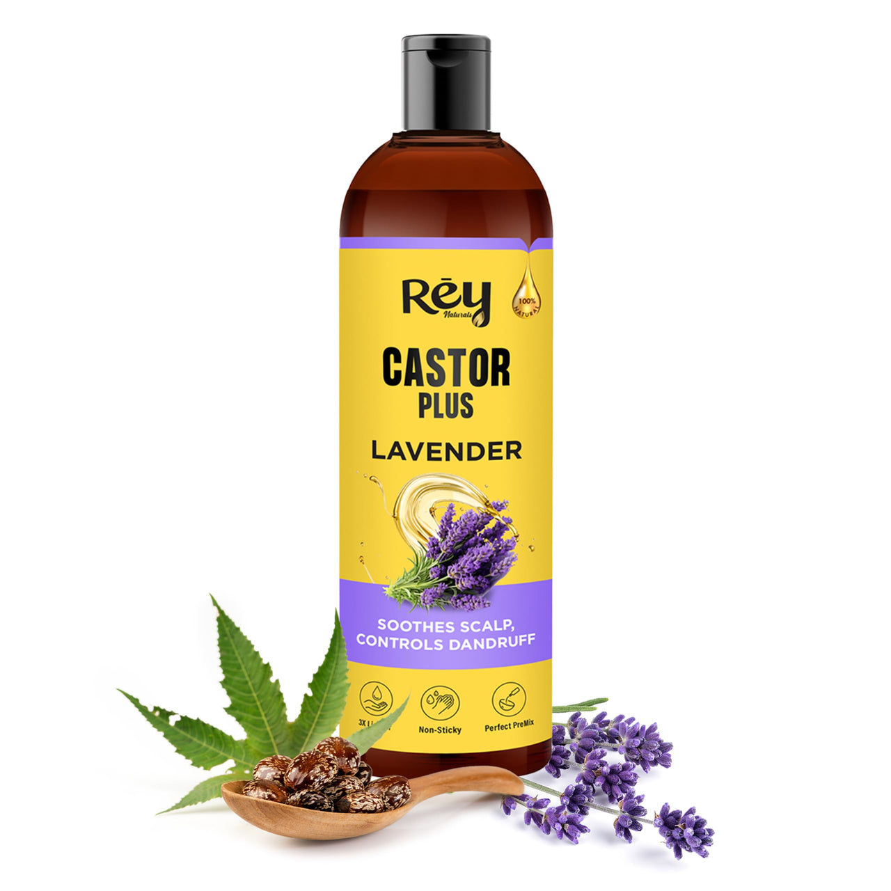 Rey Naturals Premixed Castor Plus Lavender Essential Oil For Hair Growth | Lavender Oil For Hair | Soothes Scalp & Balance Dandruff | Lavender Oil For Skin, Healthy Hair & Nourished Scalp - 200 ml