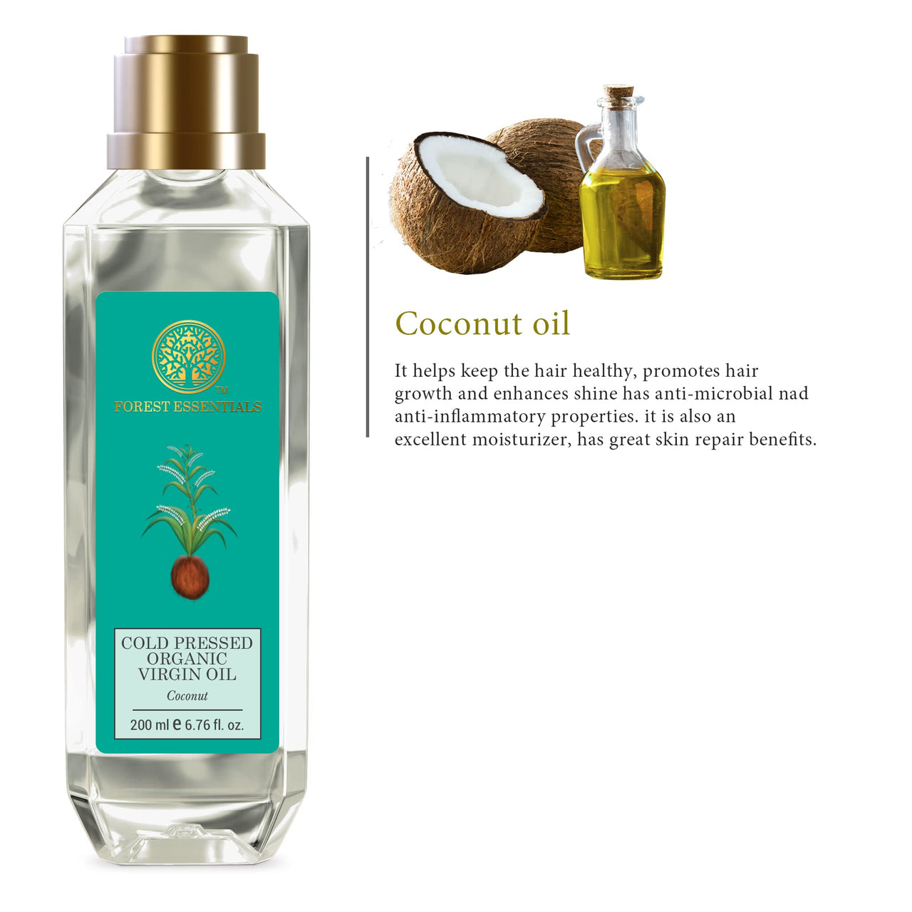 Forest Essentials Organic Cold Pressed Virgin Coconut Oil | Pure Coconut Oil With Vitamin E Massage Oil for Hair & Skin | Cold Pressed Body Oil
