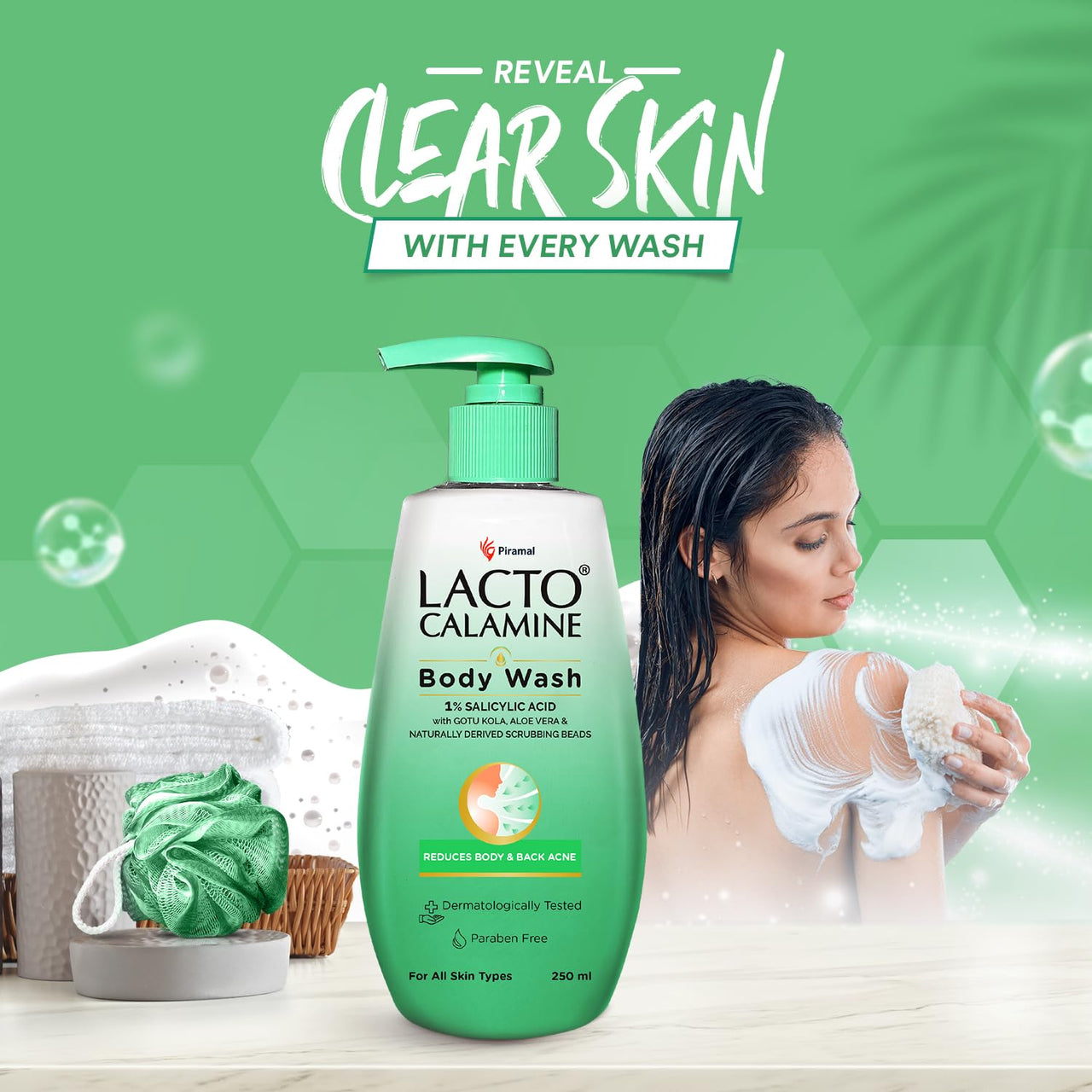 Lacto Calamine 1% Salicylic Acid Body Wash | 250ml | For Body Acne, Back Acne, Rough & Bumpy Skin |Cica, Aloe Vera, Turmeric & Natural Scrub Beads | Paraben Free | Body Wash Shower Gel For Men & Women