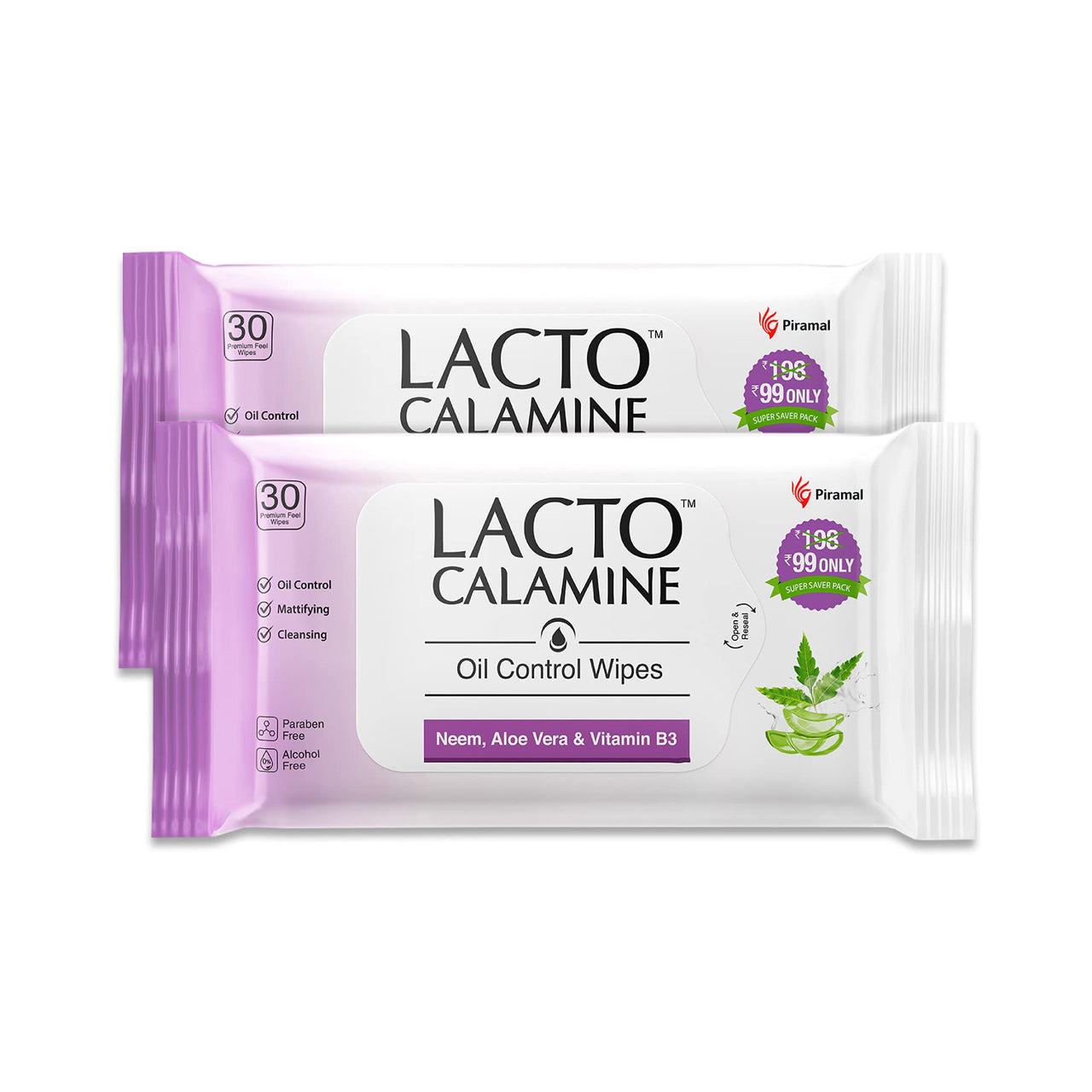 Lacto Calamine Oil Control Face Wipes with Neem, Vitamin B3 and Aloe Vera White, 60 Count, Pack of 2 & Lacto Calamine Daily Cleansing Face Wipes, Pack of 2, 50 Count
