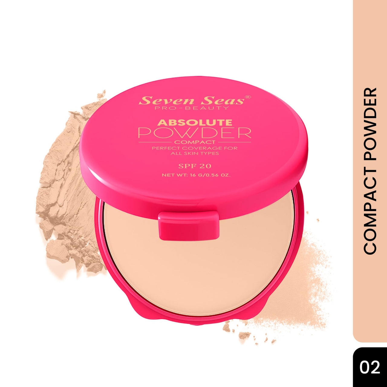 Seven Seas Absolute Compact Powder | Blends Effortlessly | Perfect Coverage | Comfortable Wear | Weightless Texture | Suitable for All Skin Types (02, 16g)