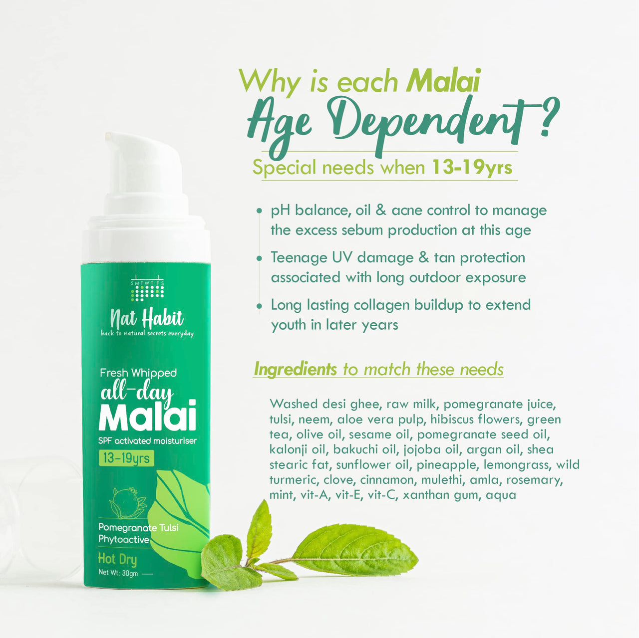 Nat Habit All Day Face Cream, Fresh Whipped Pomegranate Face Malai, Tulsi PhytoActive - For Hot & Dry Weather, All Skin Types Moisturization (13 to 19yrs, 30g)