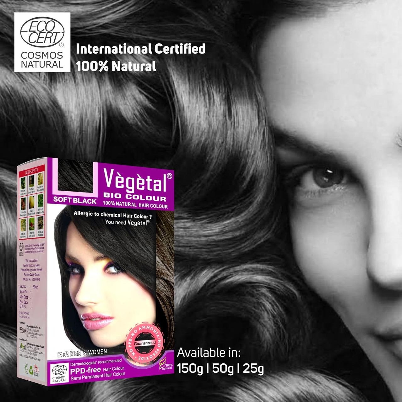 Vegetal Bio Hair Colour Soft Black 50g (Pack of 2) Achieve Natural, Ammonia-Free Hair Color PPD-Free, 100% Herbal Certified Organic for Men & Women UV Protection & Luster Maintenance Complete Kit