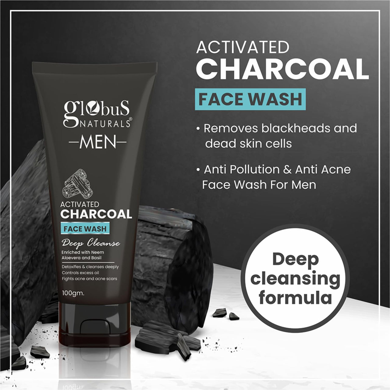 Globus Naturals Charcoal Men Face Wash & Facial Kit Combo, Anti Pollution Formula, For Normal to Oily Skin