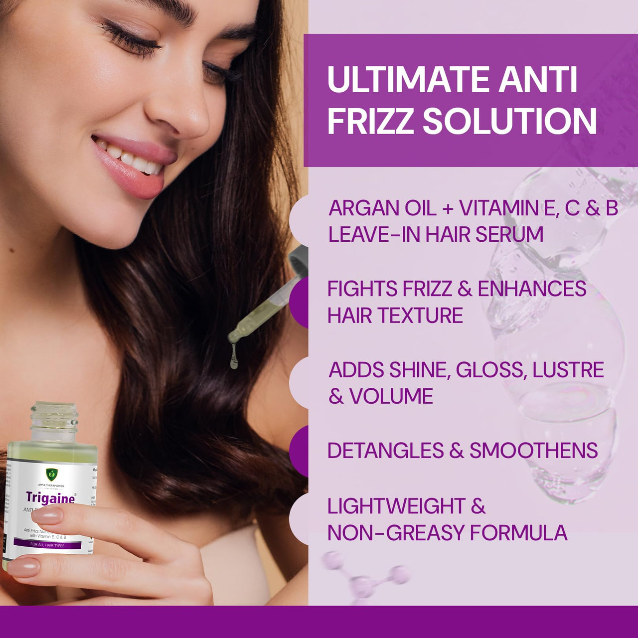 Trigaine Anti-Frizz Hair Serum 30ml | Detangle Hair Controls Frizz Repairs Dry & Brittle Hair | Argan Oil Vitamin E C & B Enriched Leave-In Hair Serum | Lightweight Non-Greasy