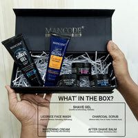 Mancode Grooming Gift Set - The Ultimate Glow Kit for Men | Complete Grooming Kit | Hydrates & Revitalizes Skin (Shave Gel,Face Wash,After Shave Balm,Whitening Cream,Scrub) Stylish Gift Box Pack of 5