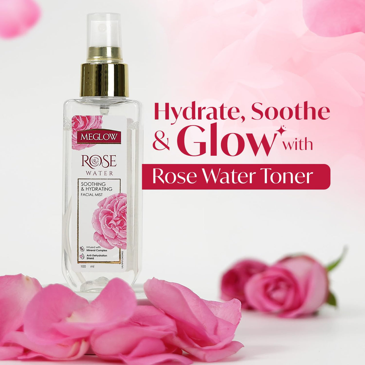Meglow Pure & Natural Rose Water Spray- 100ml | Hydrating Face Mist | Alcohol & Paraben Free | Natural Toner & Makeup Remover | Tightens Open Pores | For All Skin Types (Men & Women)