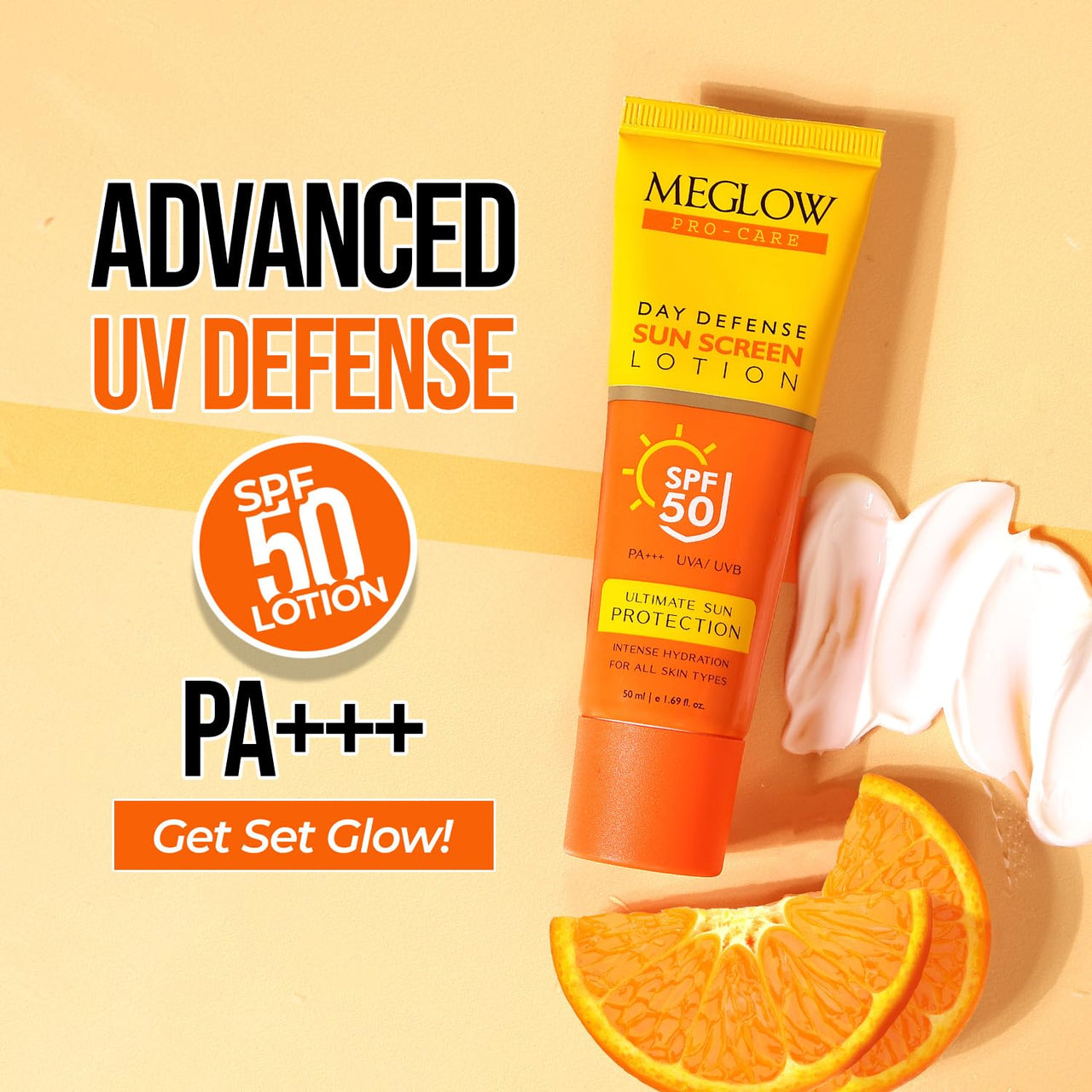 Meglow SPF 50 Lotion | Broad-Spectrum Protection & Hydration | Shields Against UVA & UVB | Non-Greasy, No White Cast | Water & Sweat Resistant for Long-Lasting Defense Pack of 2 (50ml each)
