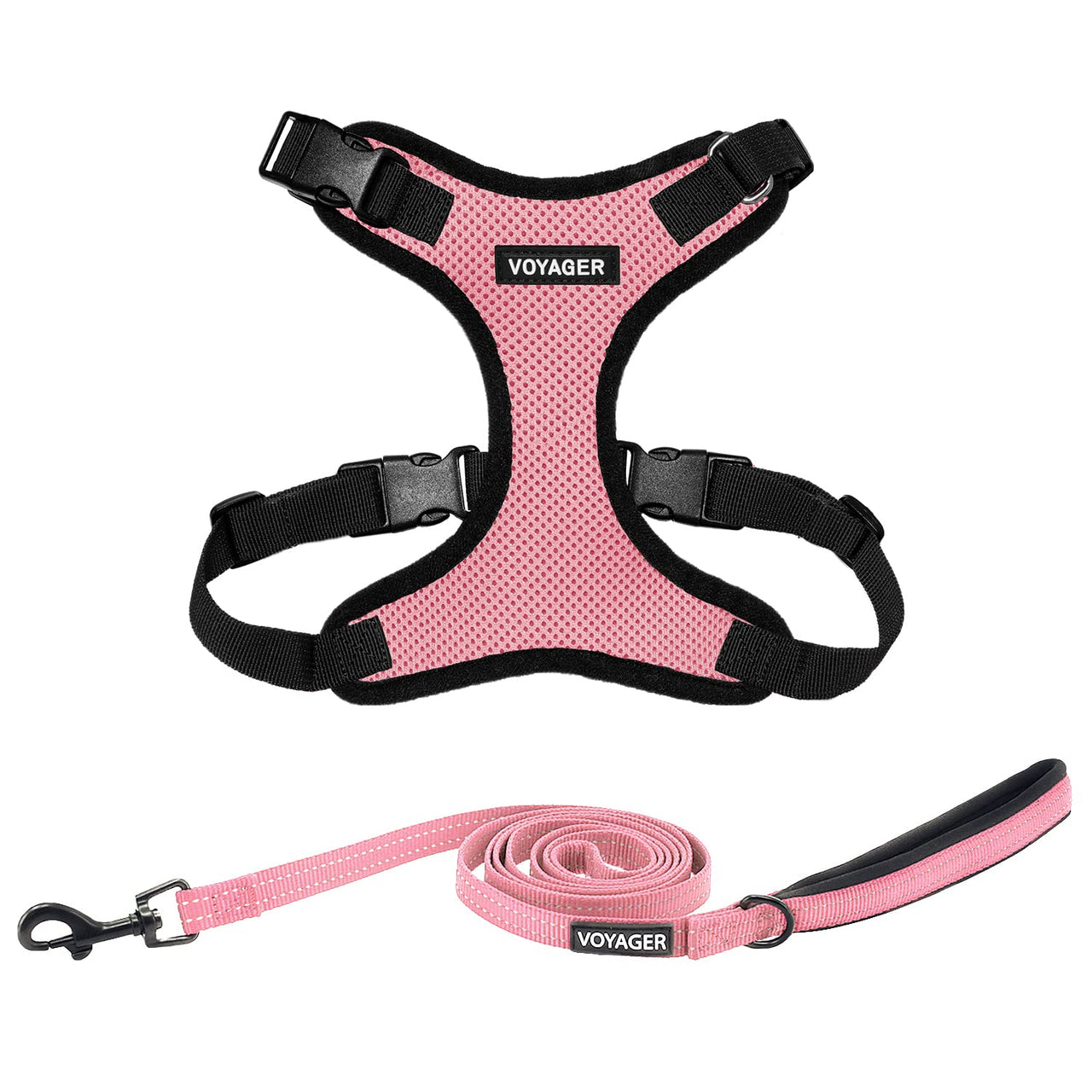 Voyager Step-in Lock Dog Harness w Reflective Dog Leash Combo Set with Neoprene Handle 5ft - Supports Small, Medium and Large Breed Puppies/Cats by Best Pet Supplies - Pink/Black Trim, L Harness Leash Set (Pink/Black Trim) L (Chest: 20 - 25")