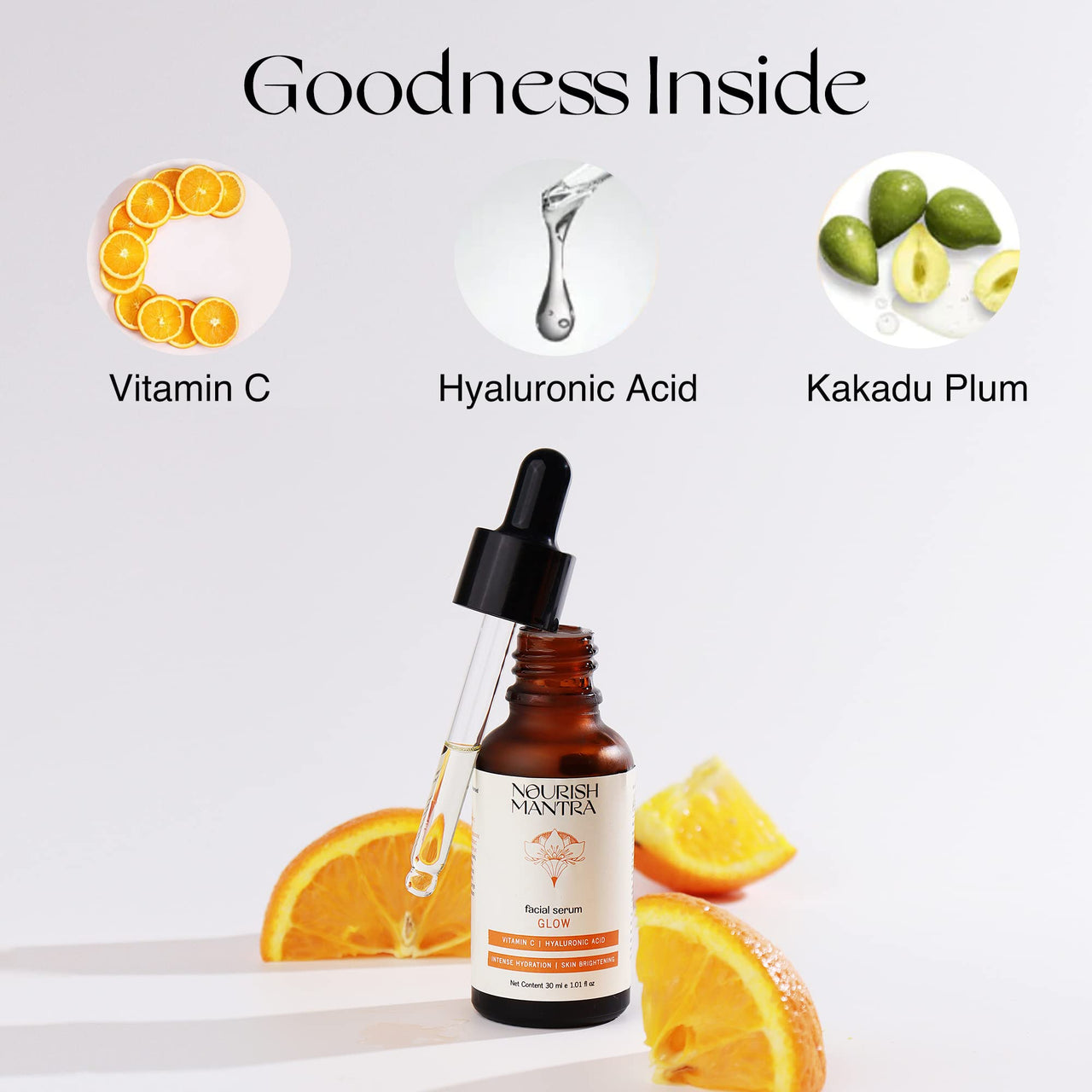 Nourish Mantra Vitamin C Serum – facial serum with Vitamin C, Hyaluronic Acid, Niacinamide – Glowing Serum – Even Skin Tone, Fades the Appearance of Dark Spots, Fine Lines & Wrinkles, 30 ml