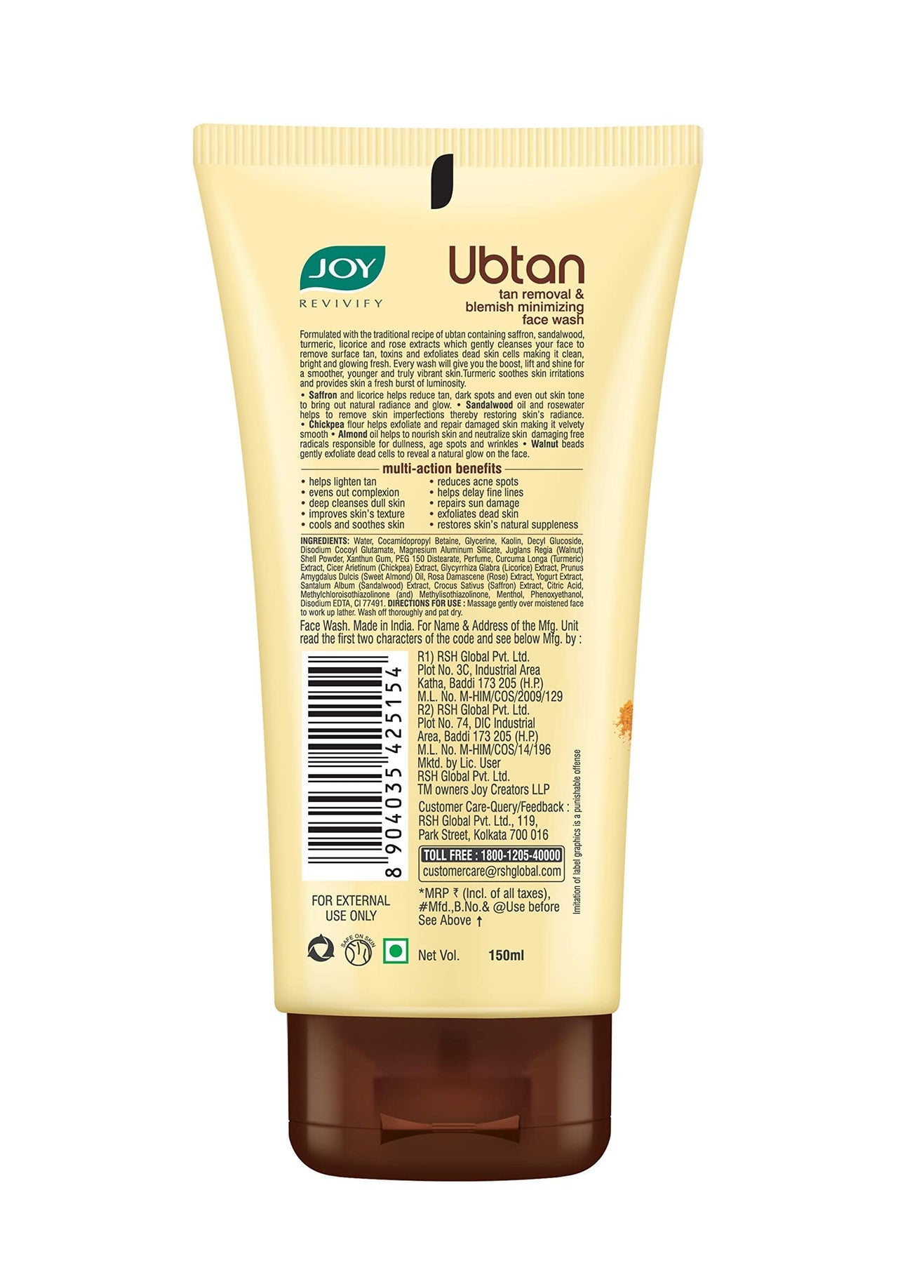 Joy Ubtan Tan Removal Face Wash 150ml x 2 | Detans, Removes Dirt & Blemishes for a Natural Glowing Skin | Enriched With Turmeric, Saffron & Sandalwood | Suitable for All Skin Types
