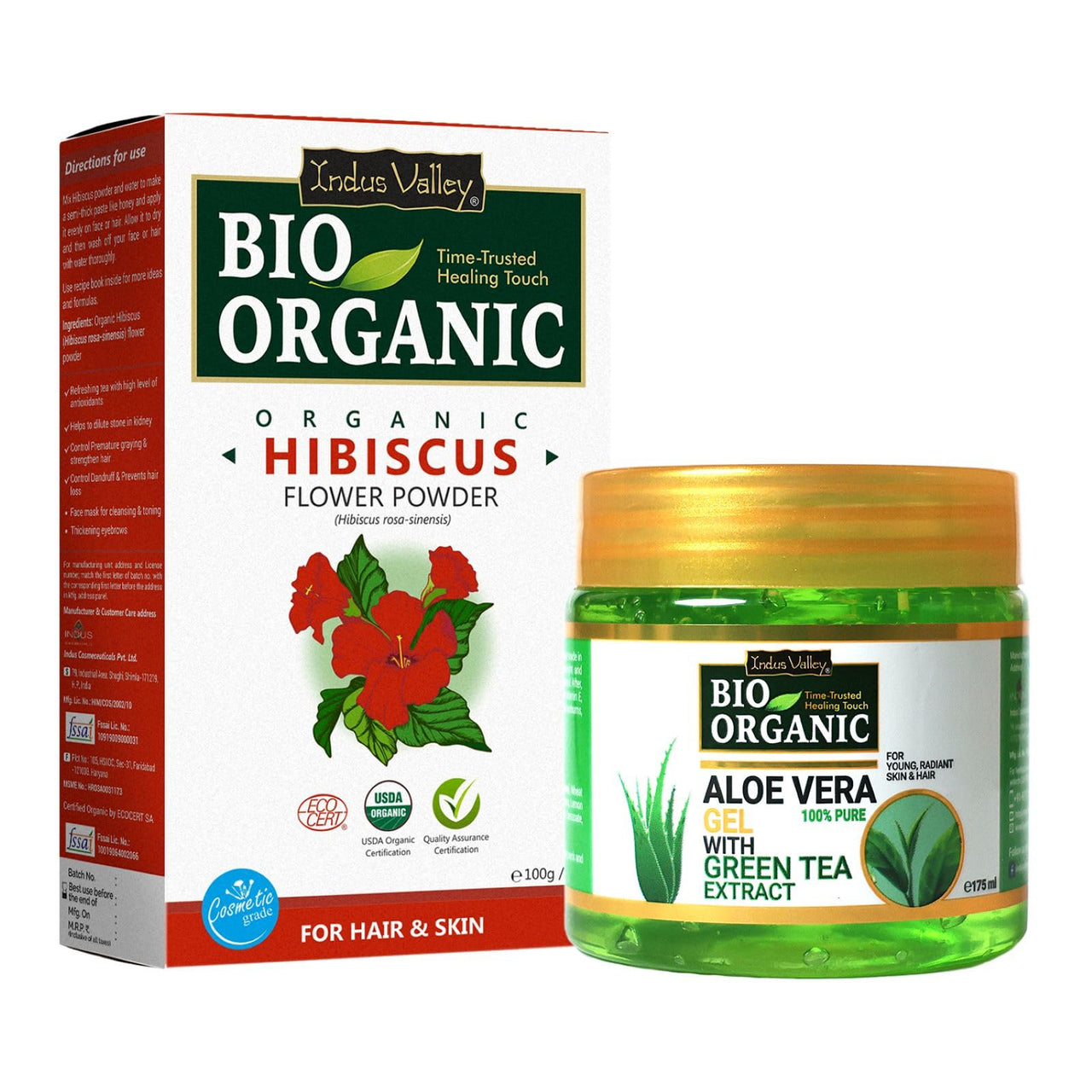 INDUS VALLEY Bio Organic Non-Toxic Aloe Vera Gel for Acne, Scars, Glowing & Radiant Skin Treatment & Hibiscus Powder | Hibiscus rosa-sinensis (175ml+ 100g)