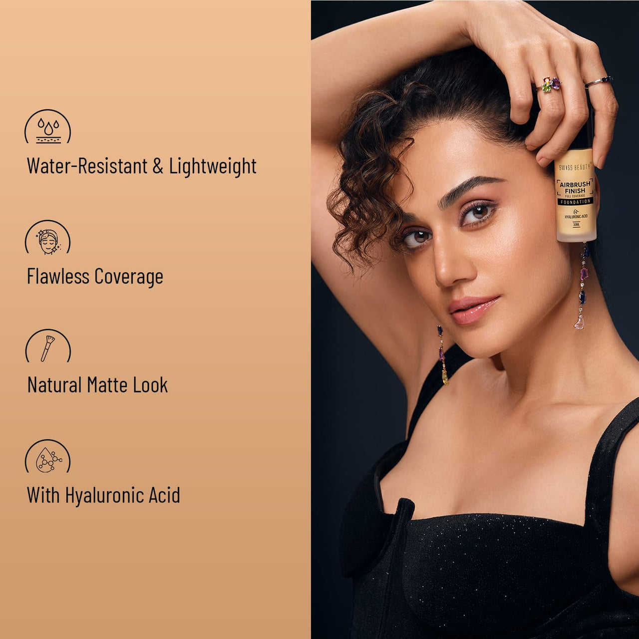 Swiss Beauty Airbrush Finish Lightweight Foundation | Full Coverage Blendable Foundation For Face Makeup |With Benefits Of Hyaluronic Acid, Aloevera And Vitamin E | 30Ml | Shade- Caramel Beige