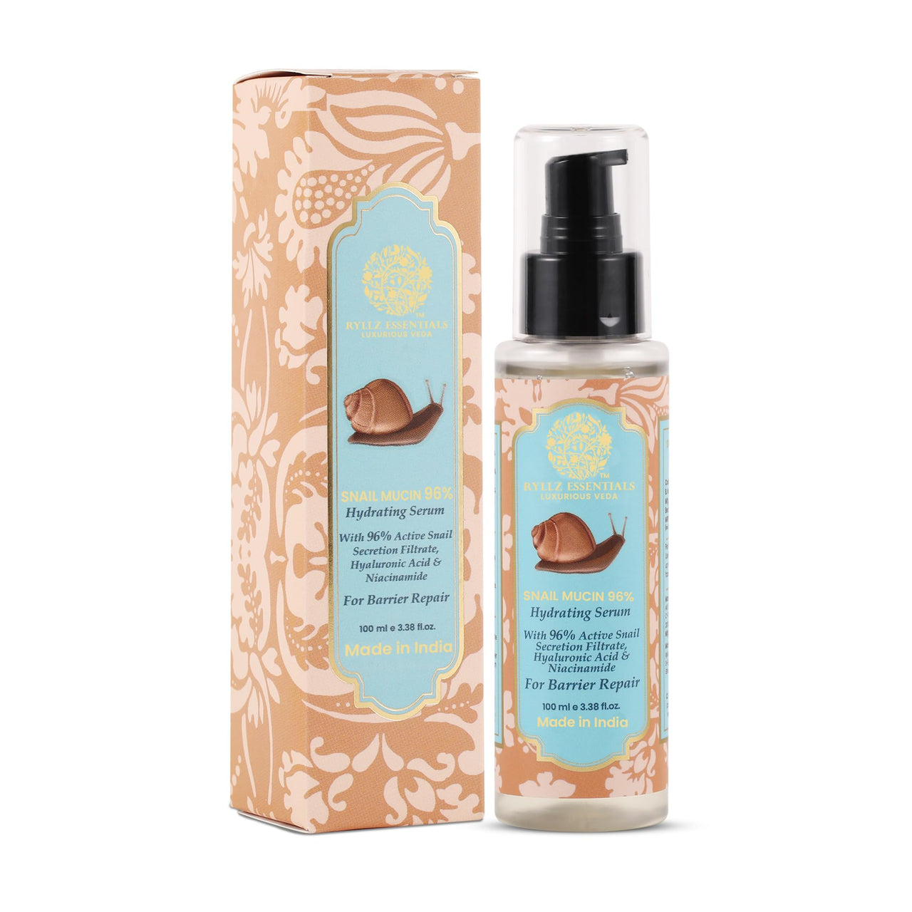 RYLLZ ESSENTIALS Snail Mucin 96% Power Repairing Essence | Face Serum | with 96% Snail Secretion Filtrate, 5% Niacinamide, Hyaluronic Acid & Betaine | for Intense Hydration, Barrier Repair, Glowing Skin, Blemishes, Anti Aging, Skin Firming, Wrinkles & Spo