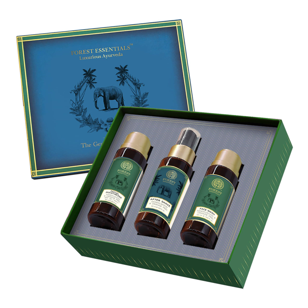 Forest Essentials Essentials For Him, Sandalwood & Orange Peel Spray Luxurious Gift Set For Men With Face Wash, Face Moisturizer, Special Occasion And Birthday Gift For Him, 3 Piece Gift Set