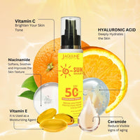 Jaquline USA Sun Smart Sunscreen Spray SPF 50 PA++++ | Dermatologically Tested | Lightweight with Multi-Vitamins | No White Cast | Blue Light Protection | Benzophenone Free |Broad Spectrum | For Women & Men | 100ml