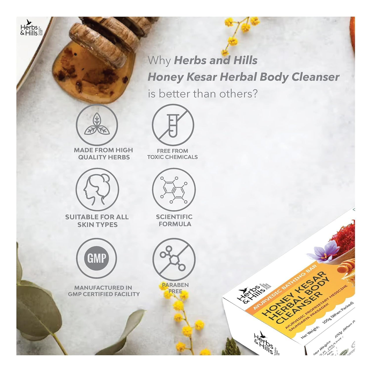 Herbs & Hills Honey Kesar Body Cleanser Pack of 4-100g Each | Gentle Exfoliation for Glowing Skin | Banish Pimples and Scars | Soothe Skin Irritations
