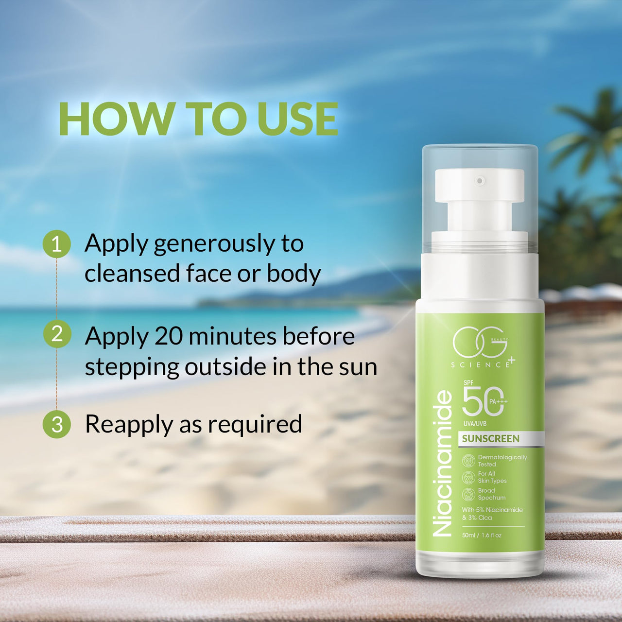 OG BEAUTY SCIENCE SPF 50 PA+++ Sunscreen | 5% Niacinamide & 3% Cica | Broad Spectrum UV Protection | Soothing & Hydrating | Dermatologically Tested | 50ml