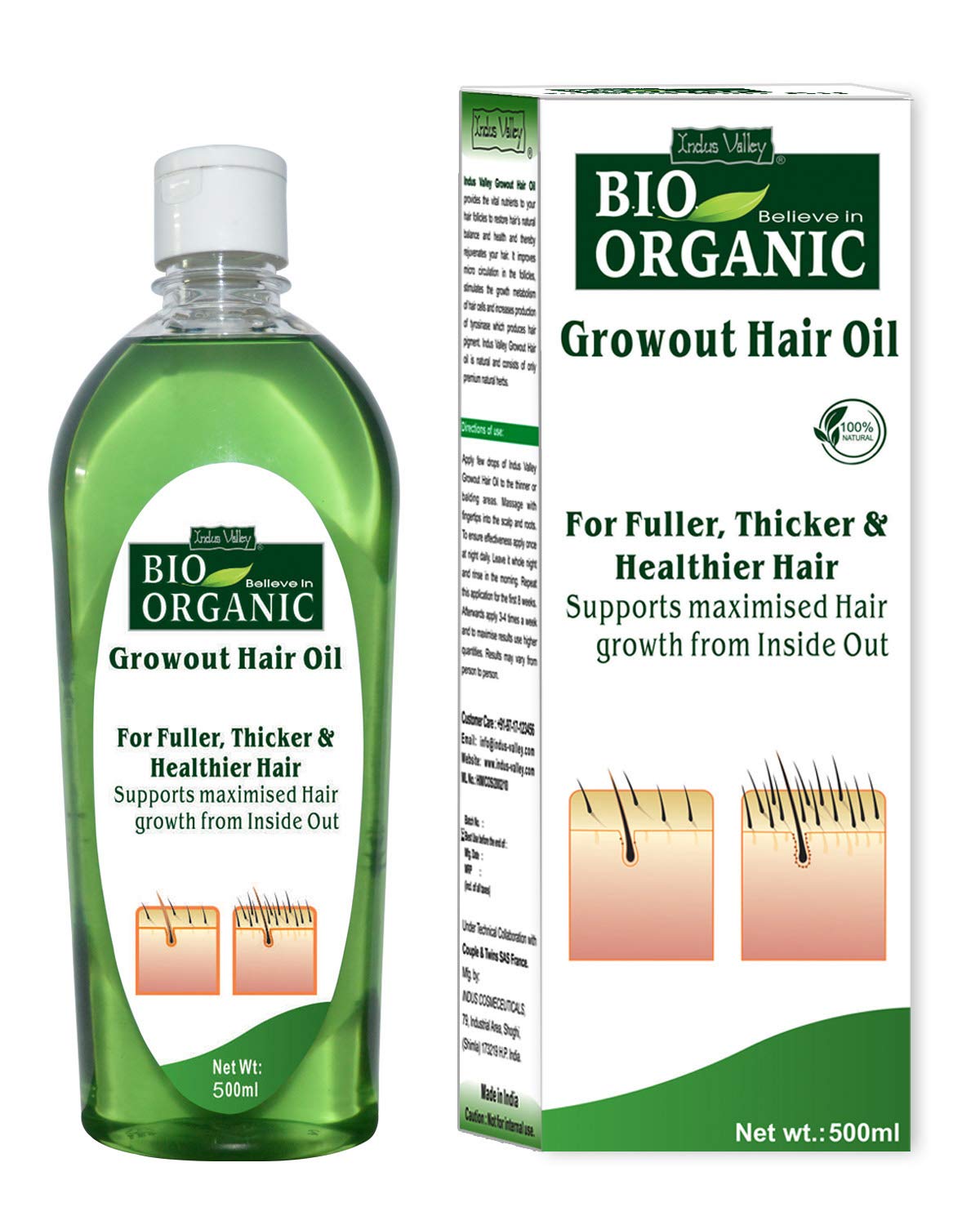 INDUS VALLEY Bio Organic Growout Hair Oil for Hair Growth 100% Organic and vegan that combats dandruff, flaky scalp, frizz and split ends -500ml