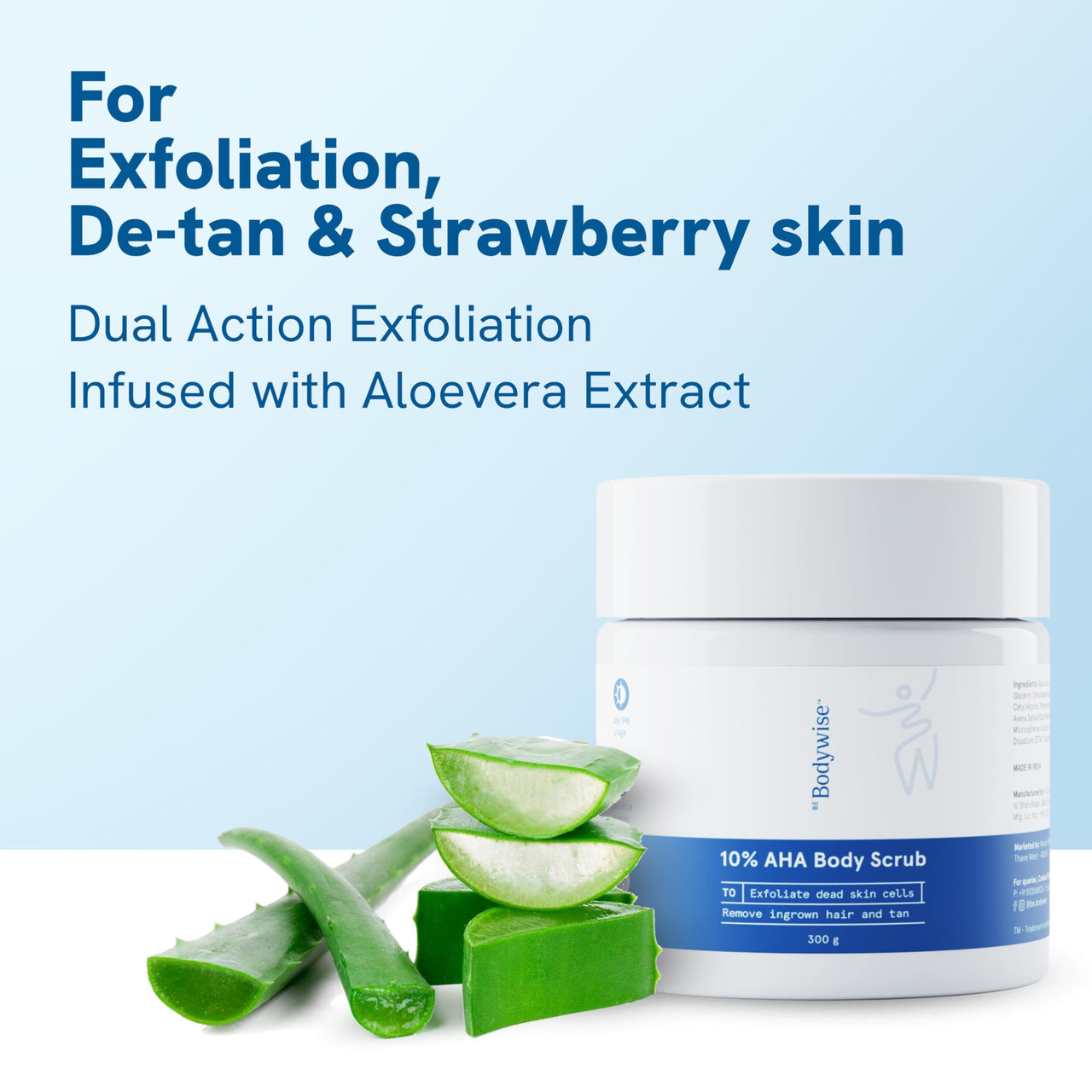 Be Bodywise 10% Lactic AHA Exfoliating Body Scrub For Tan Removal & Soft-Smooth Skin | For Women | De-Tan Bathing Scrub with Centella Water & Aloe Vera, Removes Dirt & Dead Skin from Neck, Knees, Elbows & Arms | 300g