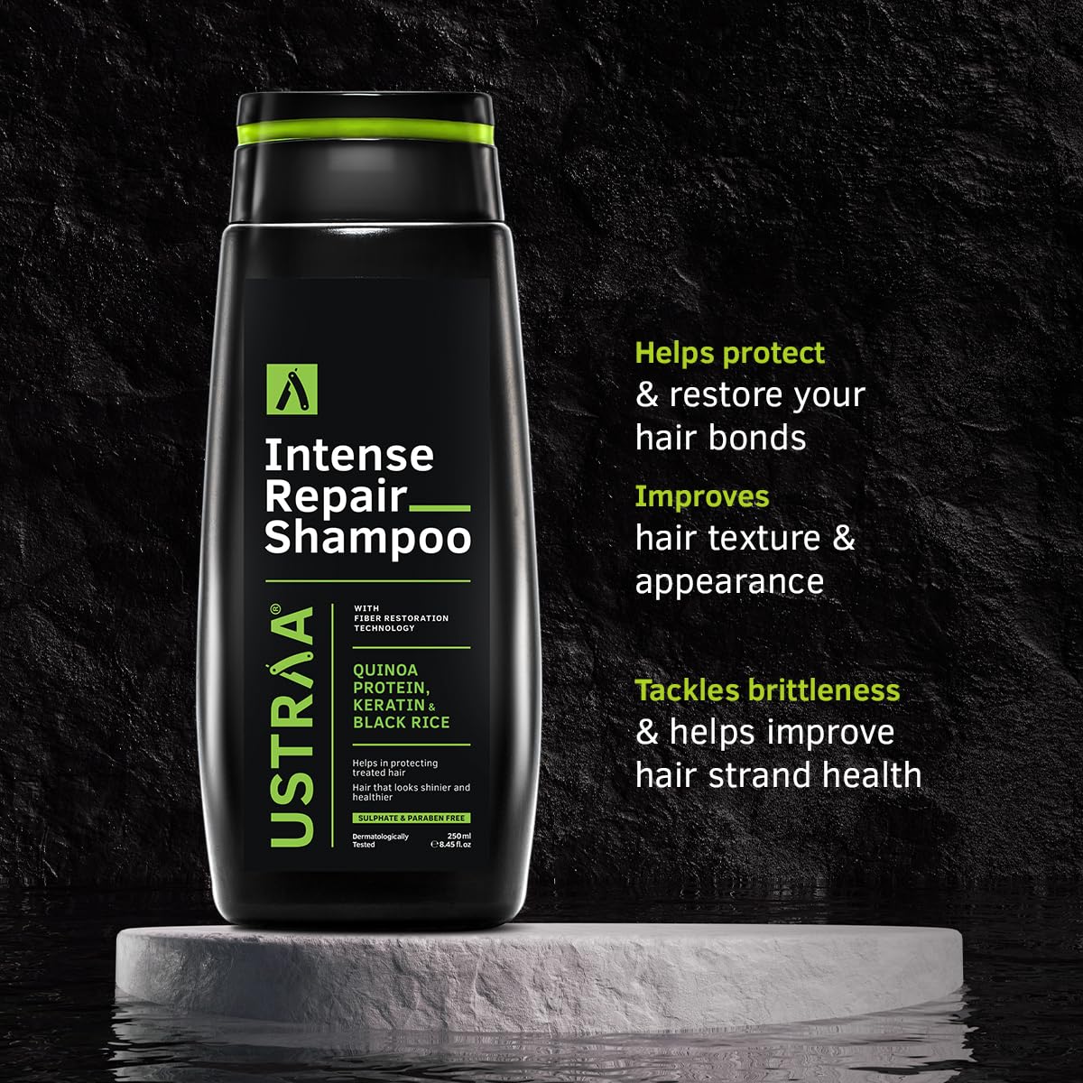 Ustraa Intense Repair Shampoo - 250 ml - Set of 2 | Fiber Restoration Technology | Helps Protect & Restore Hair Bonds | with Black Rice, Quinoa Extracts & Keratin | No SLS, No Paraben