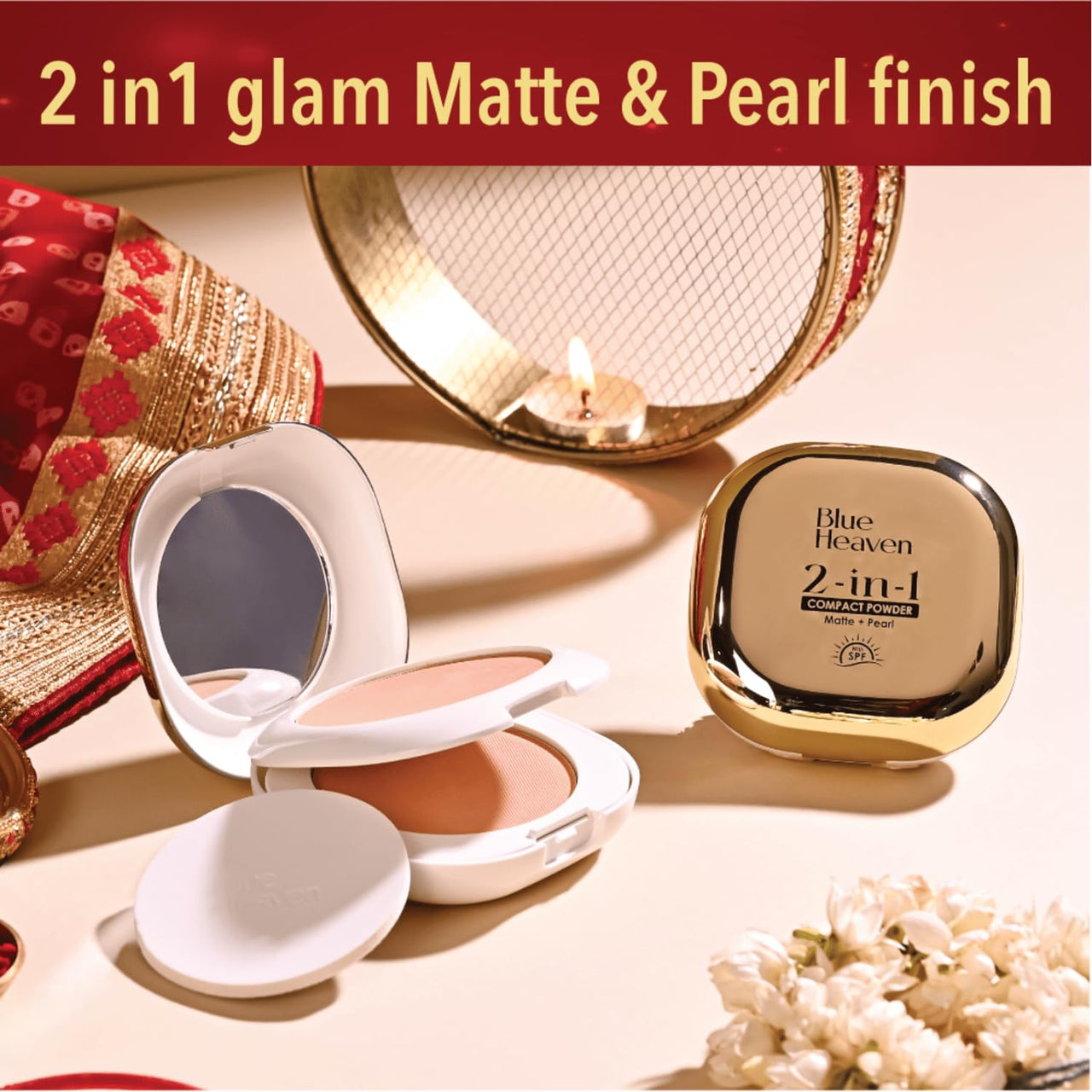 Blue Heaven 2-In-1 Festive Compact Powder For Women Infused With Vitamin E | All Skin Pearl & Matte Finish | SPF Protection | 8-Hour Oil Control | Face Powder For Glowing Skin|Honey| 18Gm