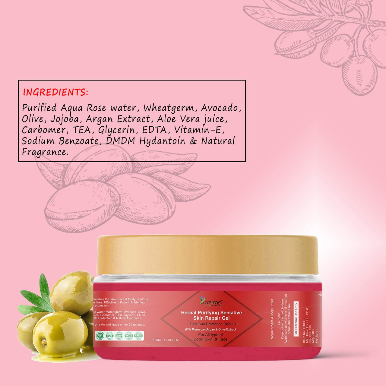 KAZIMA Herbal Purifying Sensitive Skin Repair Gel - Safe Sun Protection Skin Gel For All Type of Body, Skin, & Face (No Sulfate, No Parabens, No Xanthan, No Mineral Oil) (150ML)