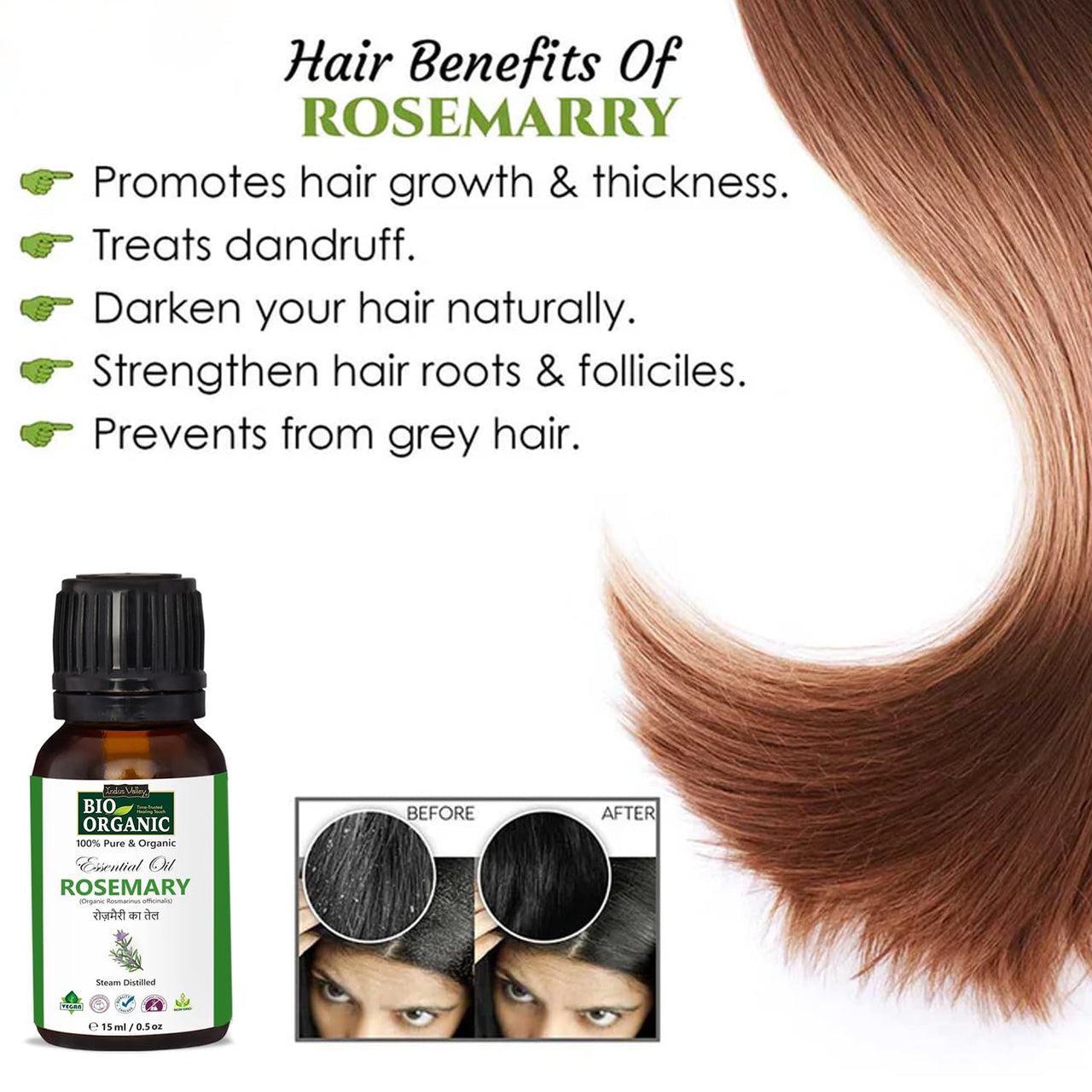 Indus Valley 100% Pure Natural & Organic, Undiluted Rosemary Essential Oil with Glass Dropper for Skin, Hair Care -15ml