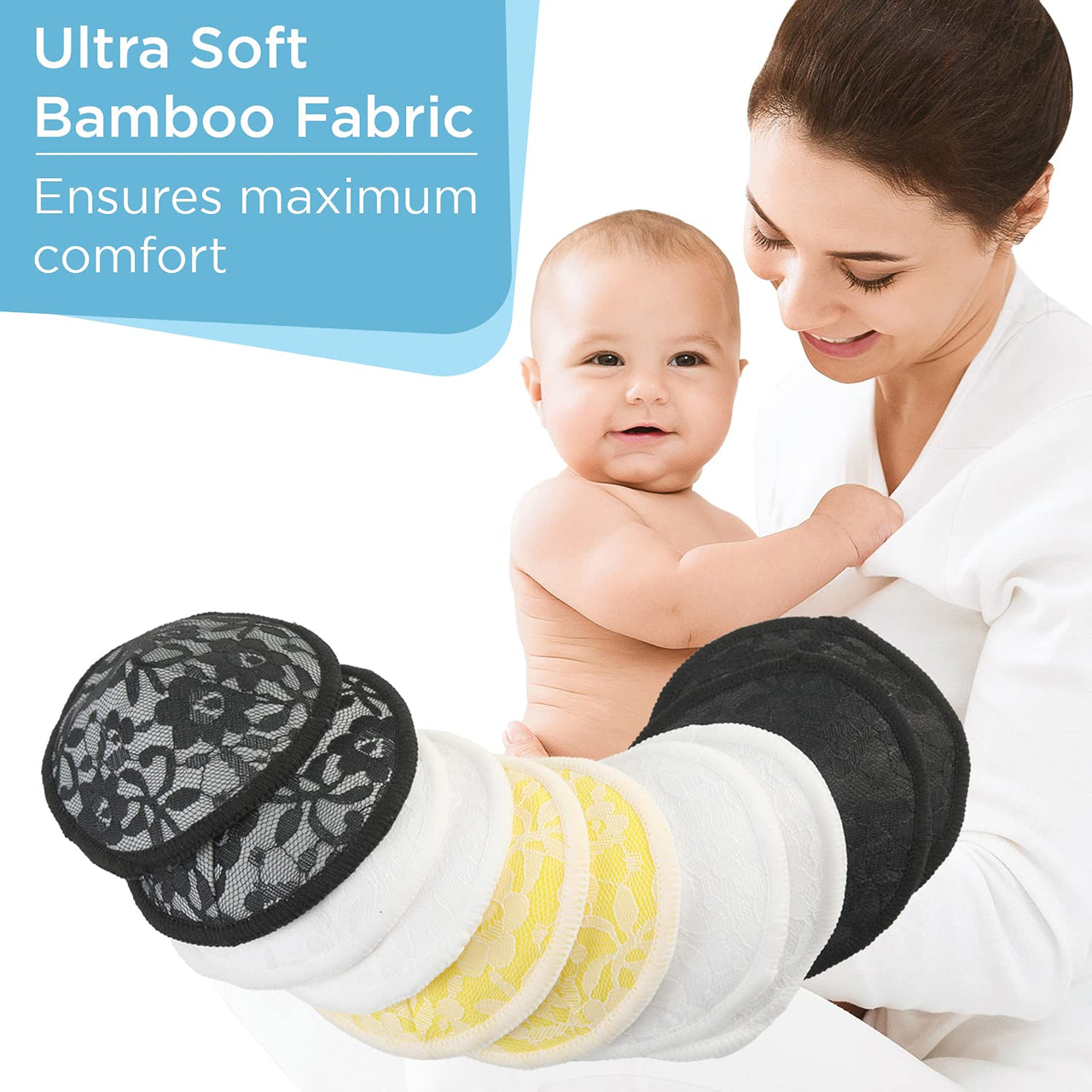 LuvLap Natural Bamboo Washable Nursing Breast Pads for Breast feeding mothers, Beautiful Lace Style, Contoured Shape for snug fit, Nipple Pad, Includes Laundry Bag, Super absorption, 10Pc