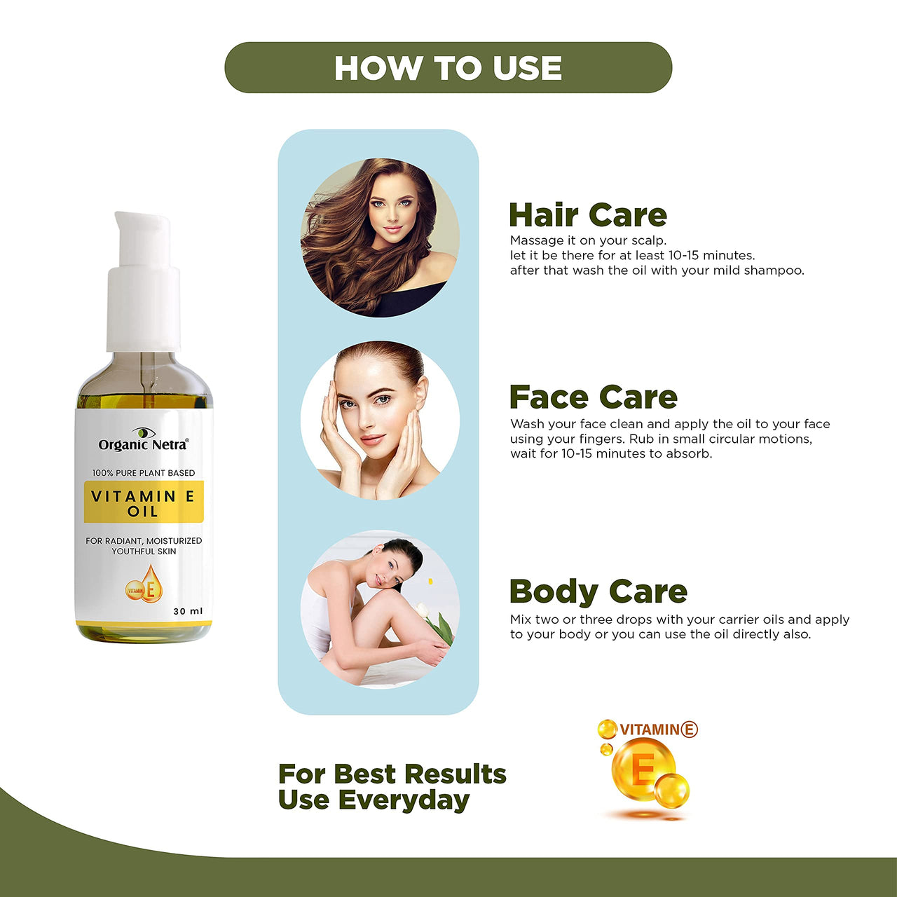 Organic Netra 100% Pure Plant Based Vitamin E Oil For Radiant,Moisturized Youthful Skin For Men and Womens, Reduces scars,stretch marks,wrinkles, helps in hair growth -30 ml.