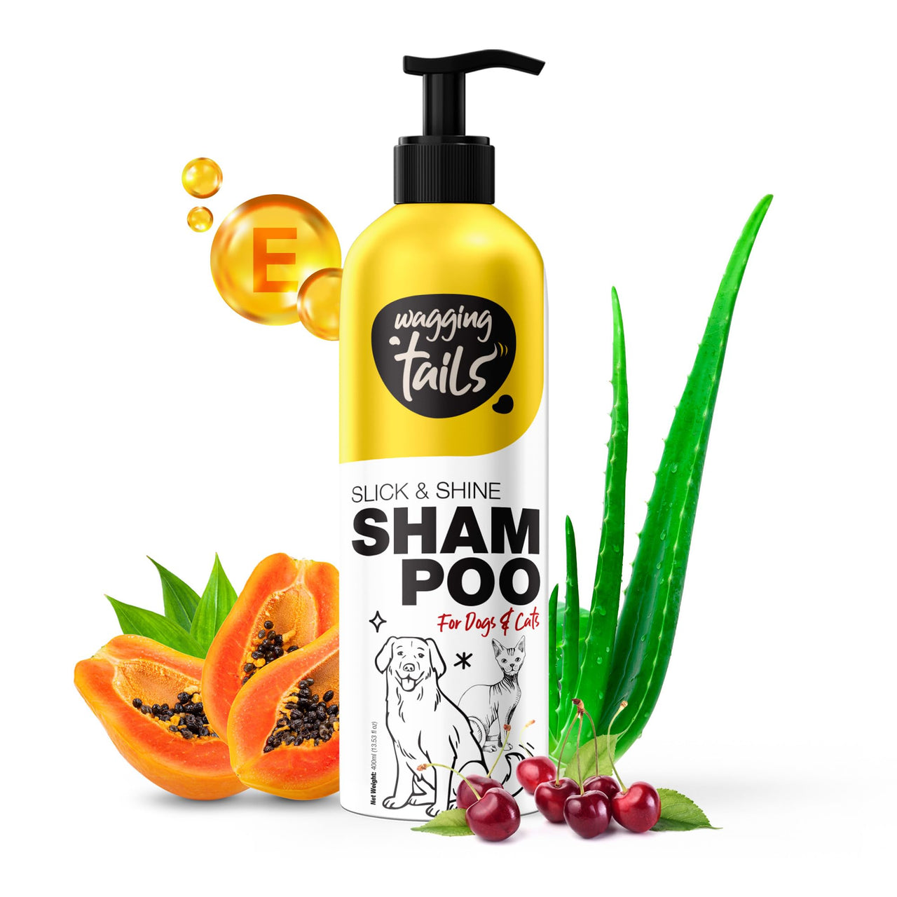 Wagging Tails Slick & Shine 5-In-1 Pet Shampoo-400 Milliliter Deodorize & Moisturise The Skin Remove Dirt Help To Repair Damaged Hair Anti-Itching & Anti-Dandruff Deep Cleanser All Breed Dog & Cat