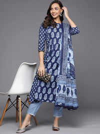 INDO ERA Women's  Cotton Blend Ethnic Motifs Straight Kurta Trousers with Dupatta Set (RRRRR4119)