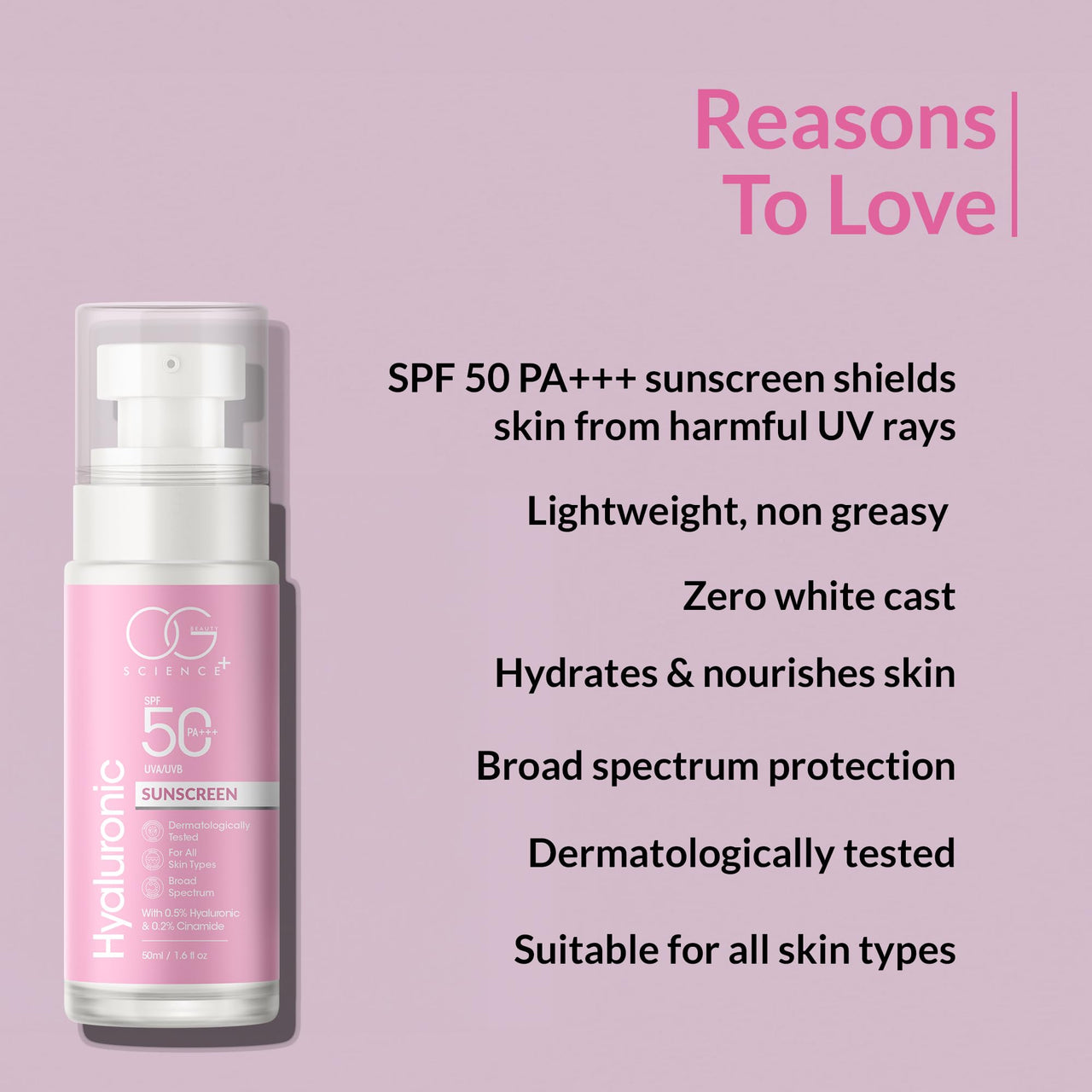 OG BEAUTY SCIENCE SPF 50 PA+++ Sunscreen | 0.5% Hyaluronic Acid & 0.2% Ceramide | Broad Spectrum UV Protection | Hydrating & Lightweight | Dermatologically Tested | 50ml