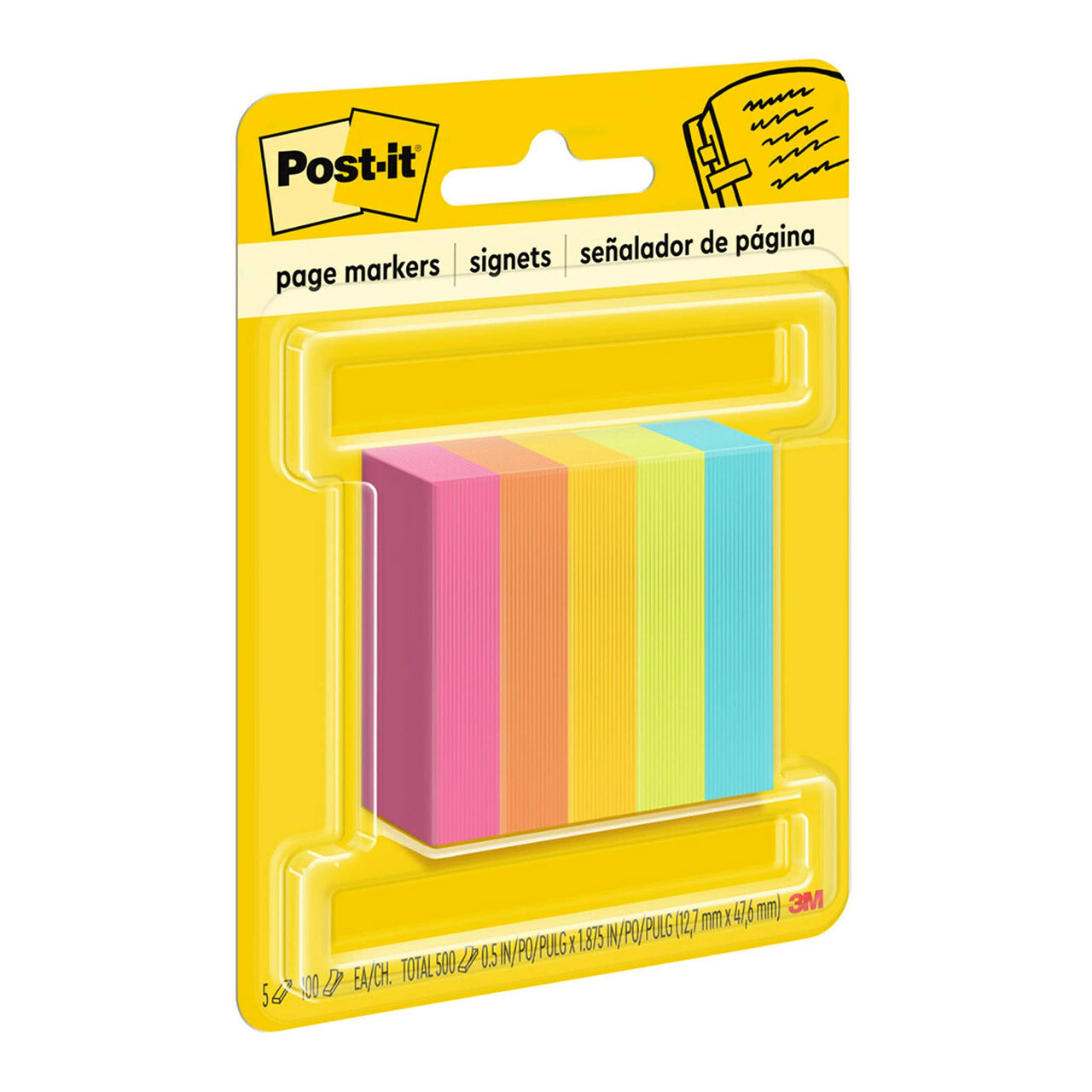 3M Post-it Page Markers, Assorted Colors, 1/2 in x 2 in, 100 Sheets/Pad, 5 Pads/Pack (670-5AN)