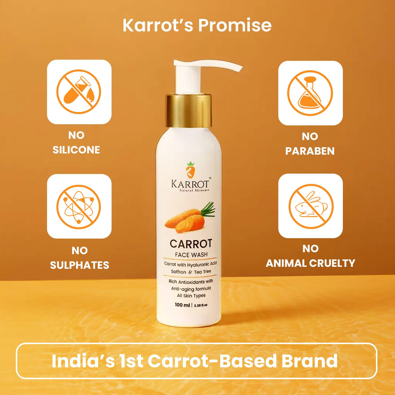 Karrot Natural Skincare Carrot Hydrating Face Wash, Boosts Radiance and Evens Skin Tone, with Hyaluronic Acid, Saffron and Tea Tree, For Women and Men, Suitable for All Skin Types, 100 ml