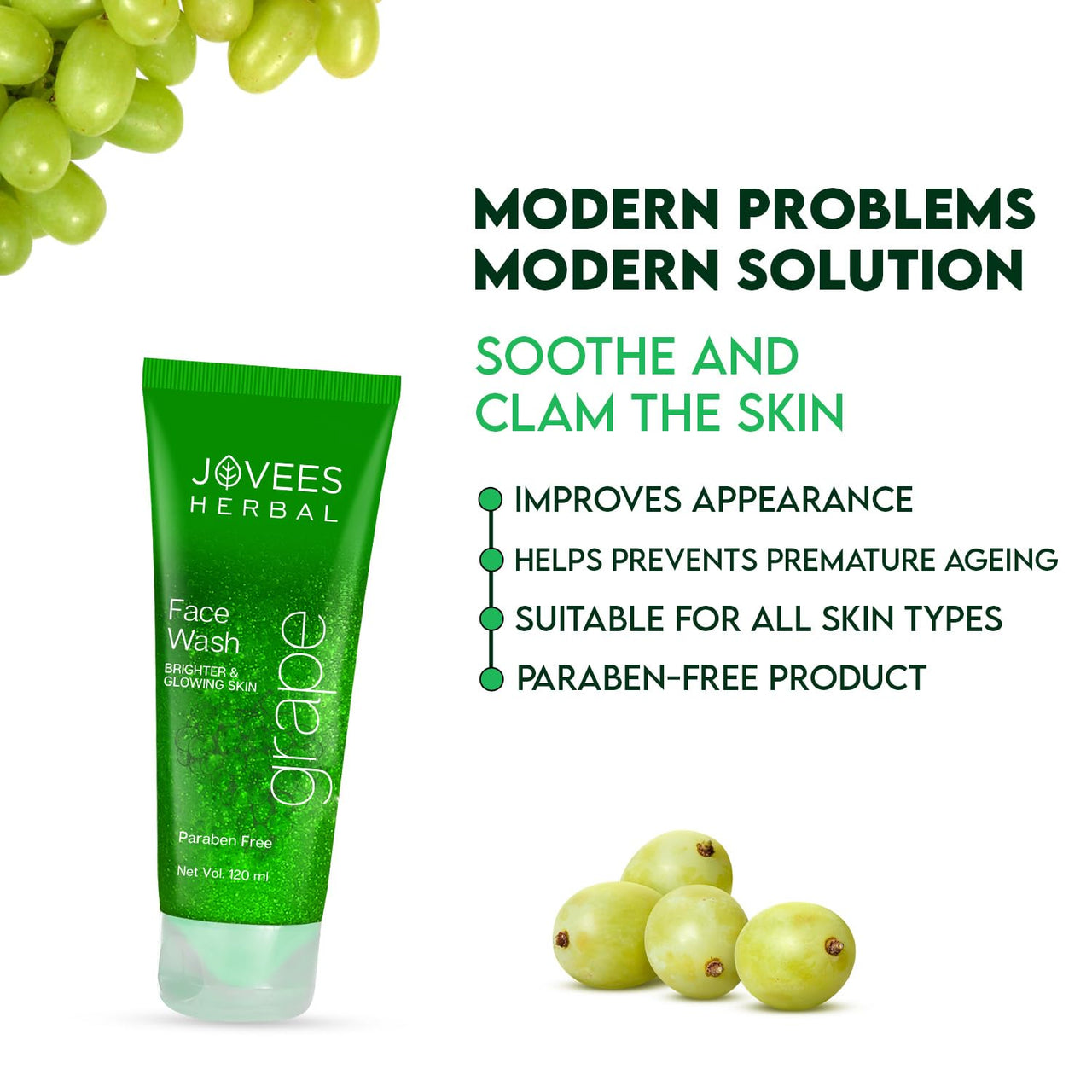 Jovees Herbal Grape Face Wash With Grape Seed & Orange Peel Extracts | For Brighter & Glowing Skin | Reduces Uneven Skin Tone & Fine Lines | For All Skin Types 120 ML (Pack of 2)