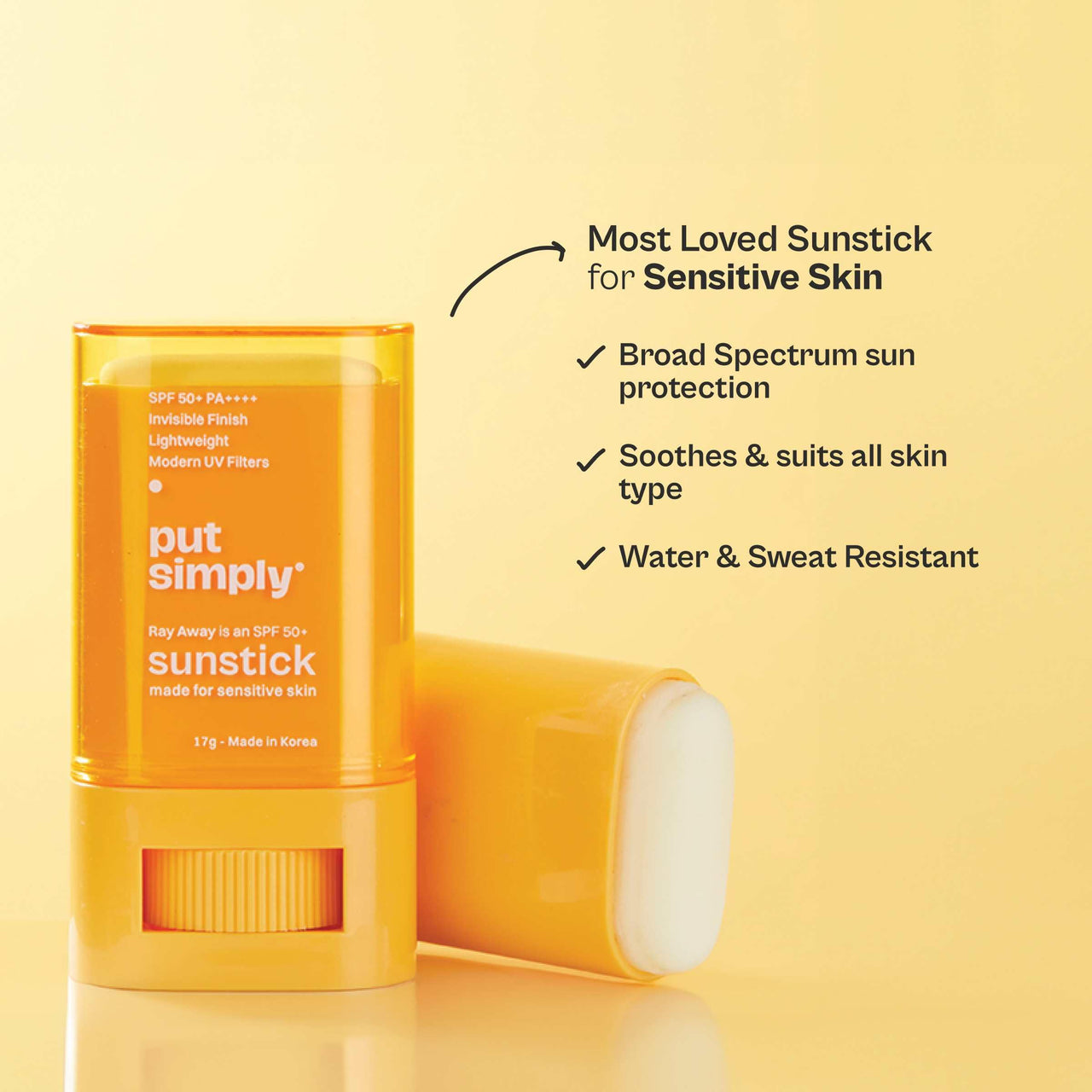 Put Simply Ray Away Korean BroadSpectrum Sunscreen stick SPF 50 PA++++ | Dry, Oily & Sensitive Skin | Cica & Ceramides | Zero White-Cast, Lightweight, Invisible Finish | Unisex | 17g