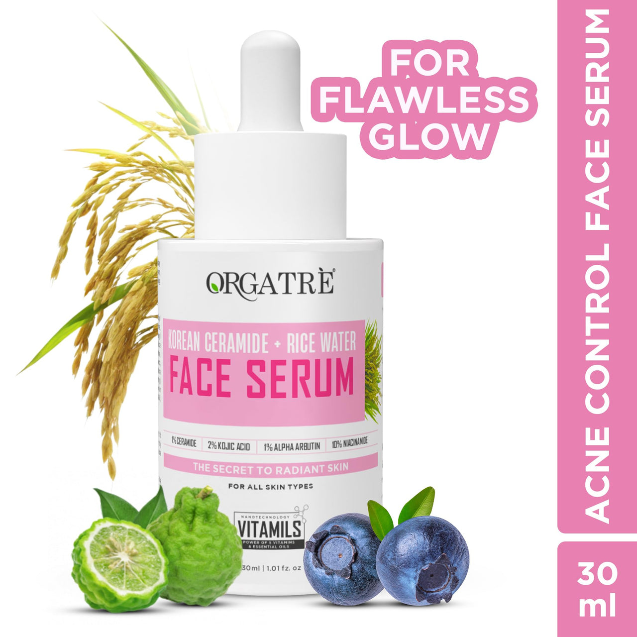 Orgatre Korean Face Serum for Glowing & Glass Skin – 10% Niacinamide, 2% Kojic Acid, 1% Ceramide, Alpha Arbutin & Rice Water | Brightening, Anti-Pigmentation, Anti-Aging | For Men & Women | 30ml
