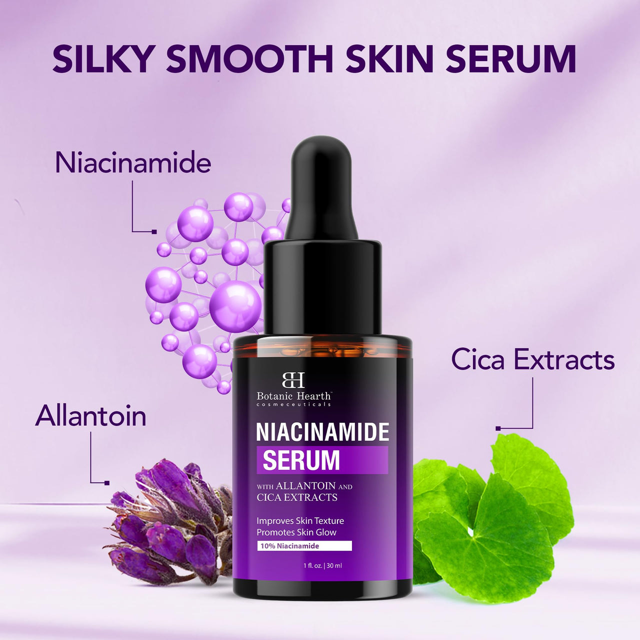 Botanic Hearth 10% Niacinamide Face Serum 30 ml with Allantoin, Zinc PCA, Cica & Hyaluronic Acid | Minimize Pores, Correct Dark Spots, Even Skin Tone | All Skin Types | For Women & Men