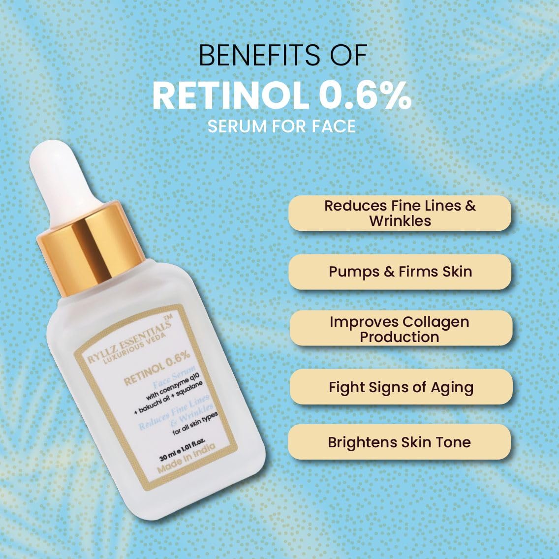 RYLLZ ESSENTIALS Retinol 0.6% Anti Aging Night Serum | with Coenzyme q10, Bakuchiol Oil, Squalane, Rosehip Extract, Azelaic Acid & Niacinamide | for Fine Lines & Wrinkles | For All Skin Types | 30ml