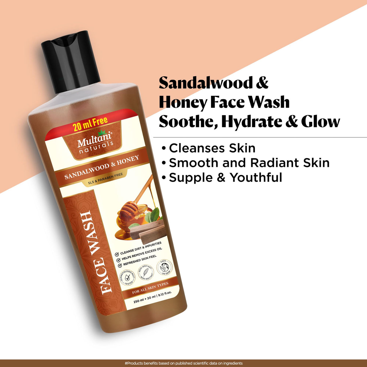 Multani Naturals Sandalwood & Honey Face Wash 270 ml I Ayurvedic Cleanser infused with Madhu (Honey), Aloe Vera Extract and Sandalwood Oil for Men & Women – its Unisex I Face Cleanser Clinically & Dermatologically Tested Herbal Face Wash to Soothe and Res