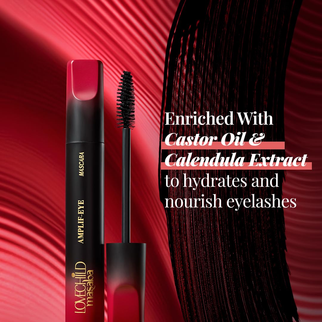 LoveChild Masaba Amplif-EYE Mascara, Black, Volumizing & Nourishing Eye Makeup with Castor Oil & Calendula, Matte Finish, Water-Resistant & Long-Lasting, Black Mascara for Bold Lashes, 4.5g