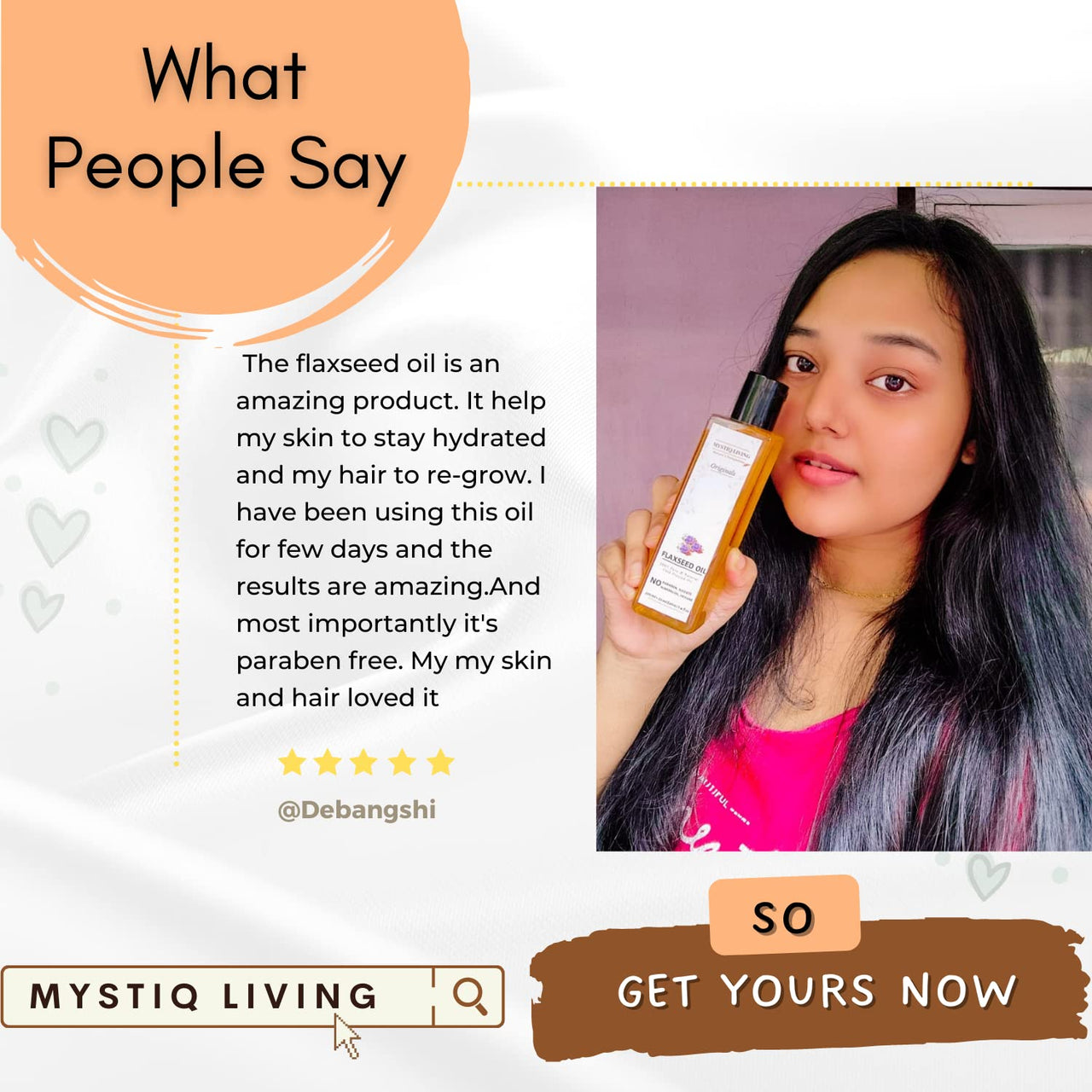 Mystiq Living Flaxseed Oil with Omega - 3 for Healthy Hair, Skin & Body | Cold Pressed, 100% Pure & Natural - 100 ML