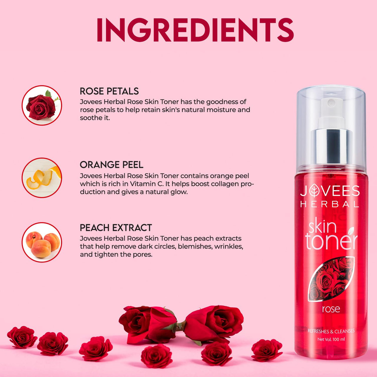 Jovees Herbal Rose Skin Toner For Refreshing Youthful Skin, Tightens Pores, Healthy Glow | Face Mist & Toner For Normal to Dry Skin | Paraben, Alcohol And Chemical Free 200ml